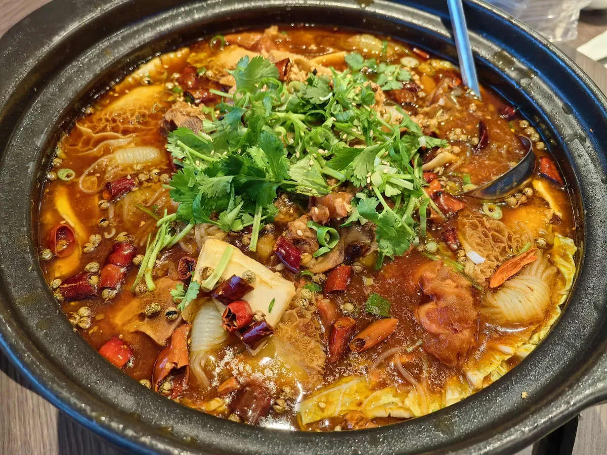 Spicy Chinese hot pot with various ingredients